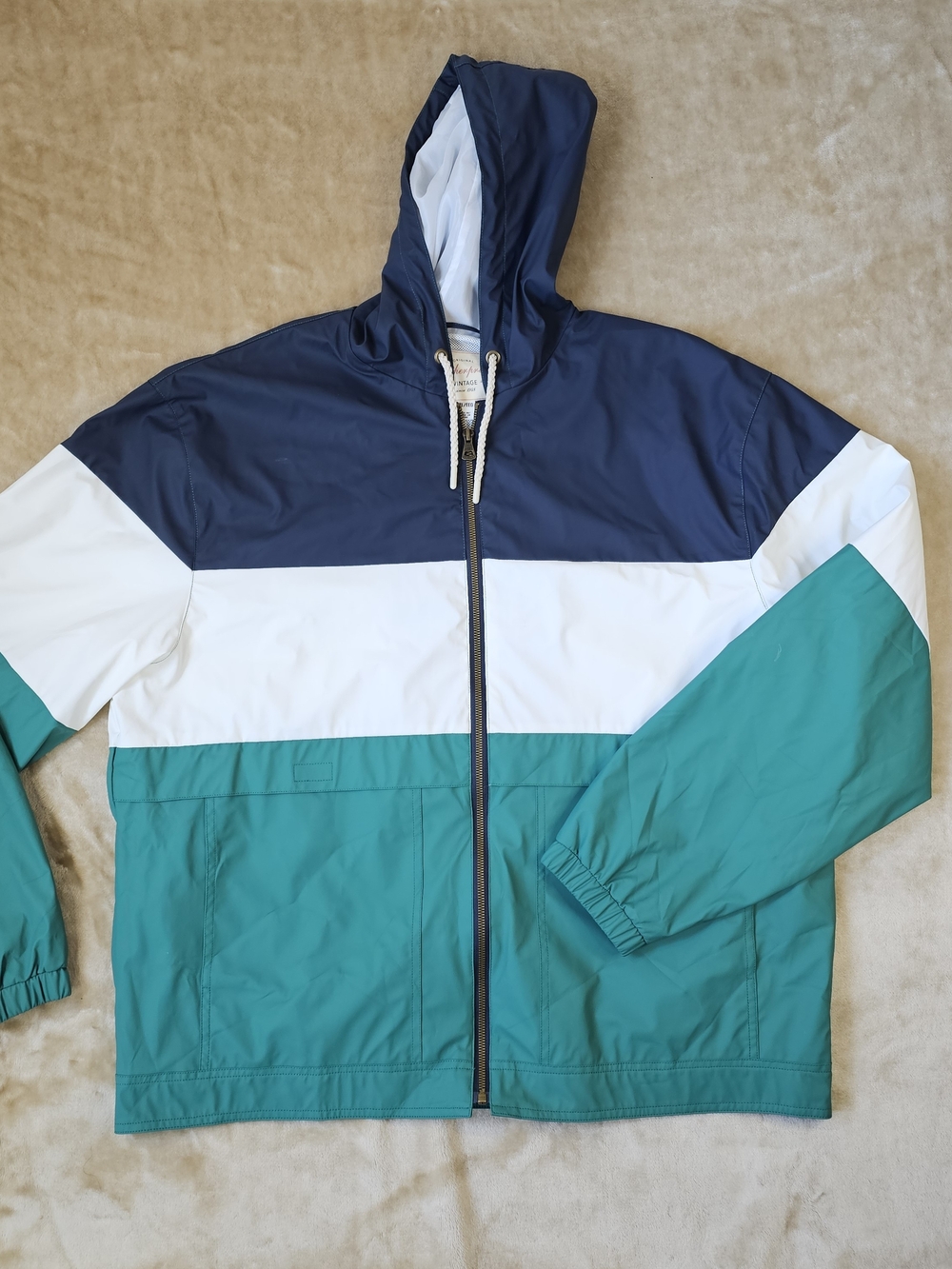Men's Colorblock Hooded Windbreaker Jacket - Navy, White & Teal